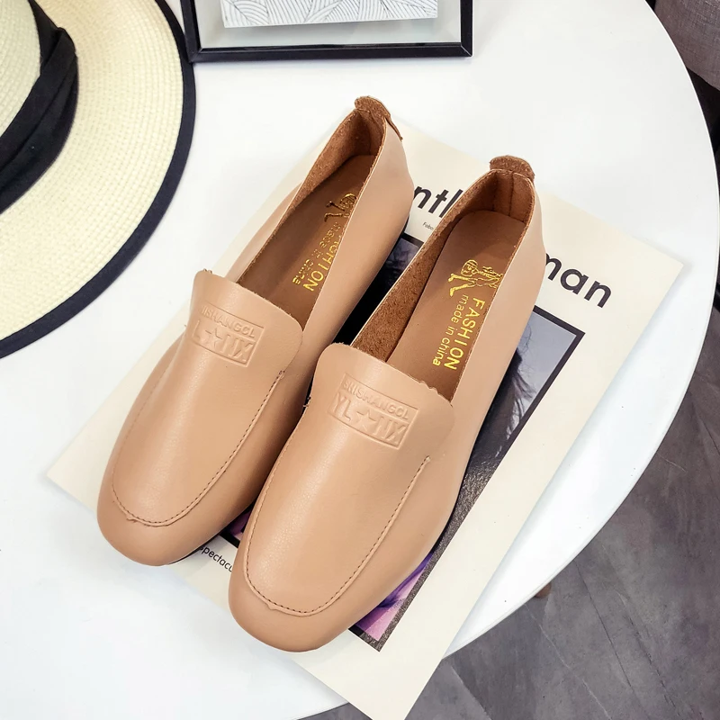 

Womens Shoes Solid Brown Leather Flats Casual Ladies Flat Shoes Woman Slip on Shallow Square Toe Ballet Shoes Female Creepers