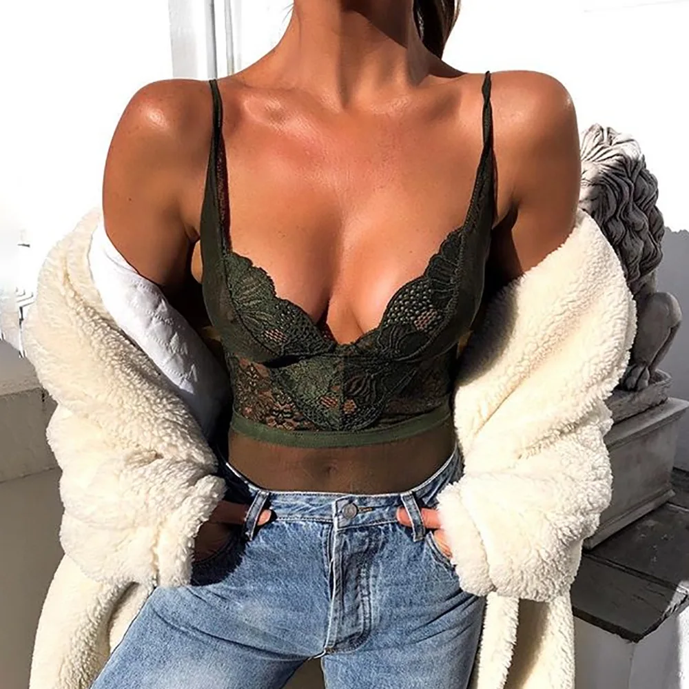 VIBESOOTD Mesh Sheer Lace Bodysuit Sexy V-Neck Jumpsuits for Women 2021 Teddies Catsuits Fashion Body Mujer Party Clubwear green bodysuit