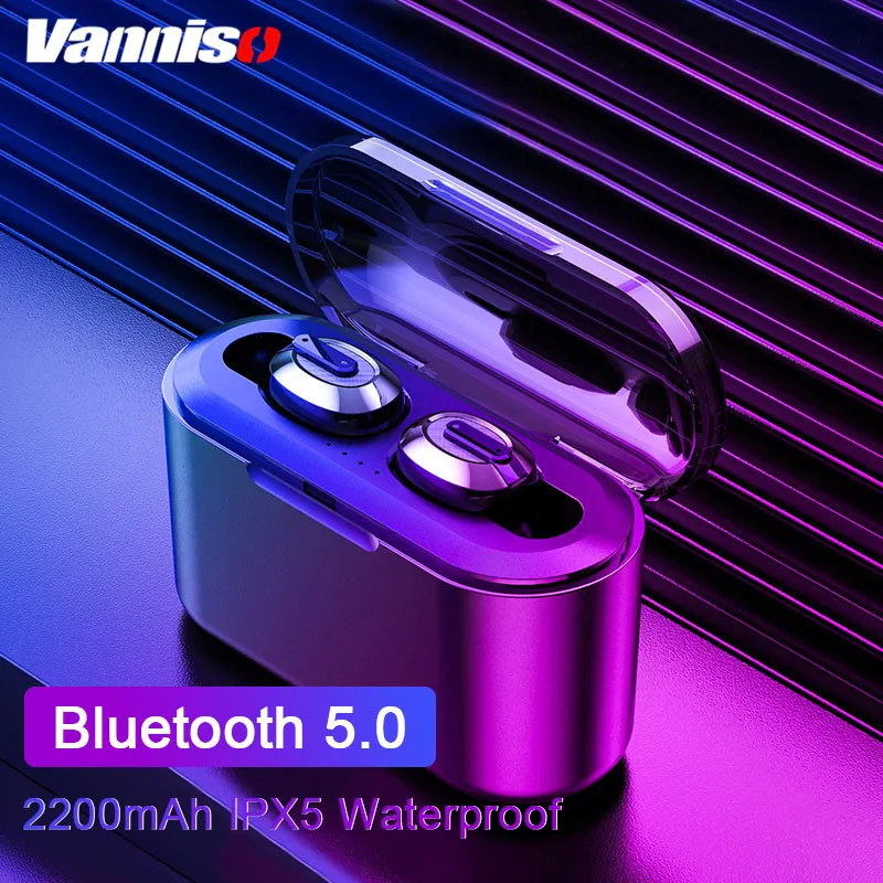 

Vanniso T2 Tws mini wireless Bluetooth earphones 6D stereo In-Ear waterproof earpiece with 2200mAh Power Bank Charging box