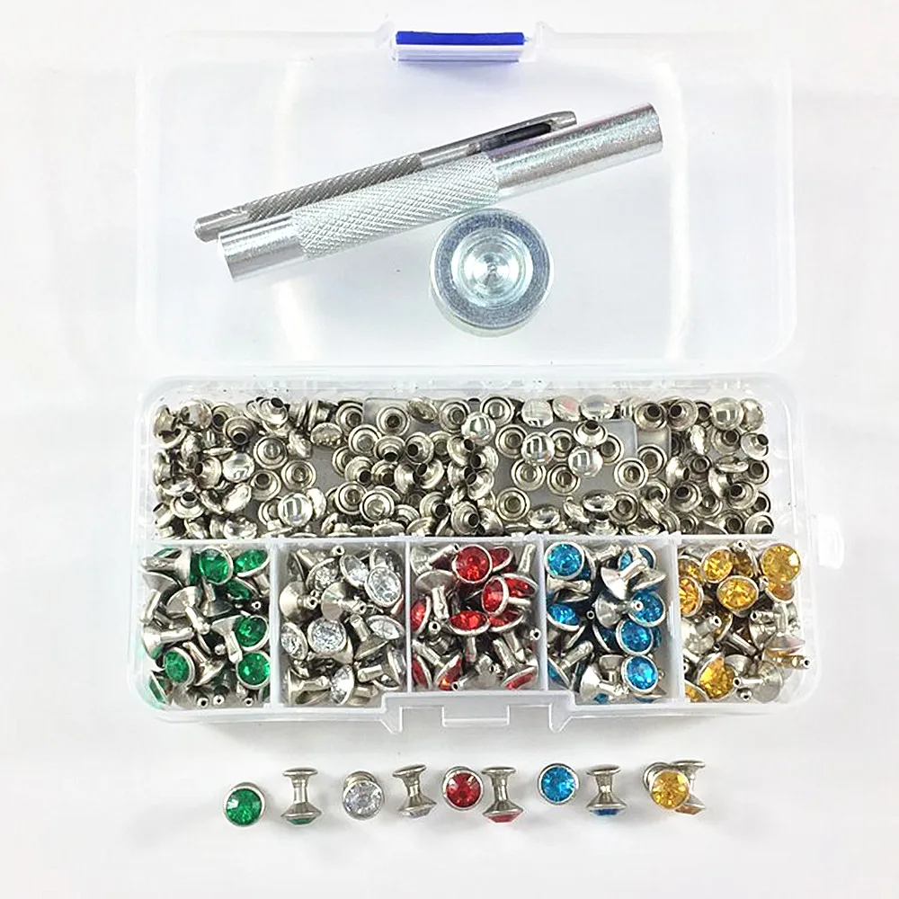 

200sets 5 colors Punk Diamond Spikes Rivets/Rhinestone Studs Rivets for Leather/Belt/Handbag Double-sided DIY Rivets+Tools