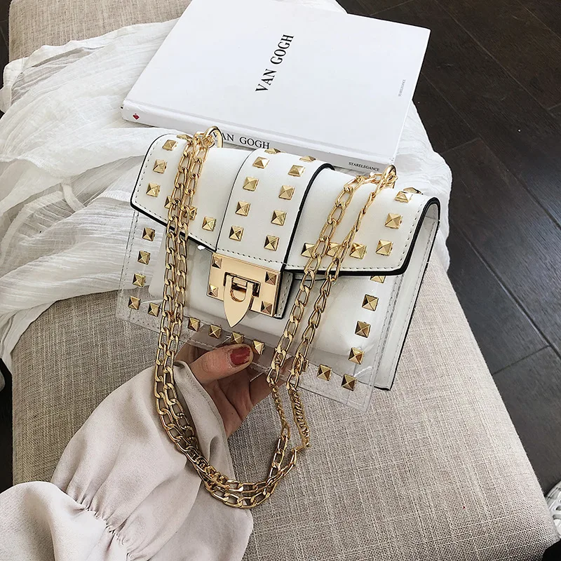 Новинка 2019 прозрачная цепочка с заклепками модная маленькая квадратная сумка в