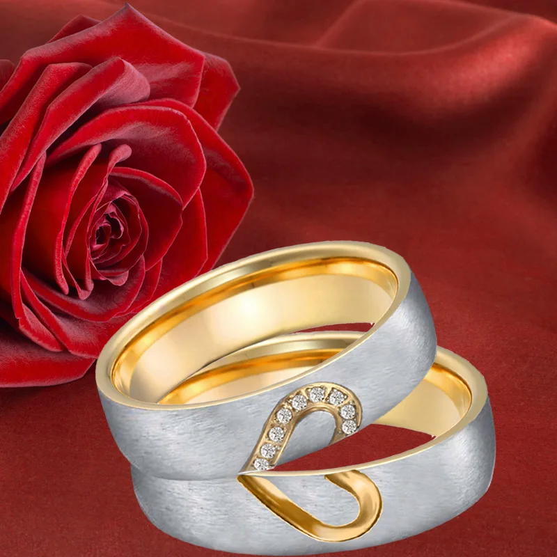 Комплект обручальных колец для мужчин и женщин, золотого цвета, женское Ювелирное кольцо, cz сердце, кольцо для свадьбы, кольца для пар