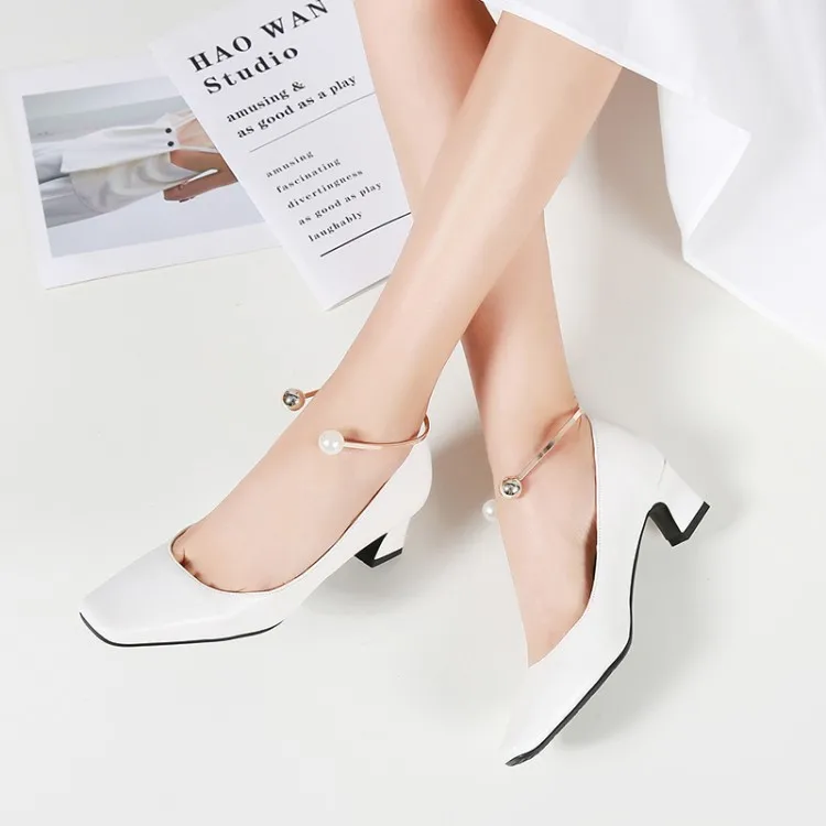 

Big Size 9 10 11 12 13 Ladies High Heels Women Shoes Woman Pumps Square-headed Pearl Decorated Rough-heeled Single Shoes