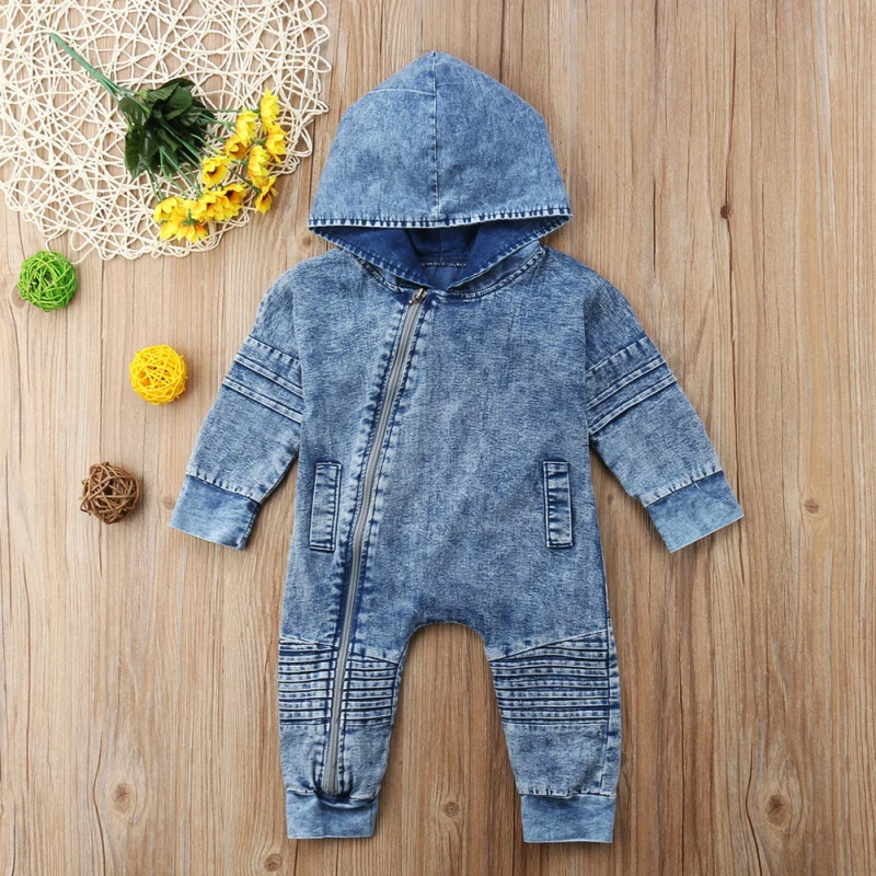 

Newborn Kids Baby Boy Girls Denim Hoodies Long Sleeve Zipper Bodysuit Jumpsuit Outfits Casual Clothes 0-3Y