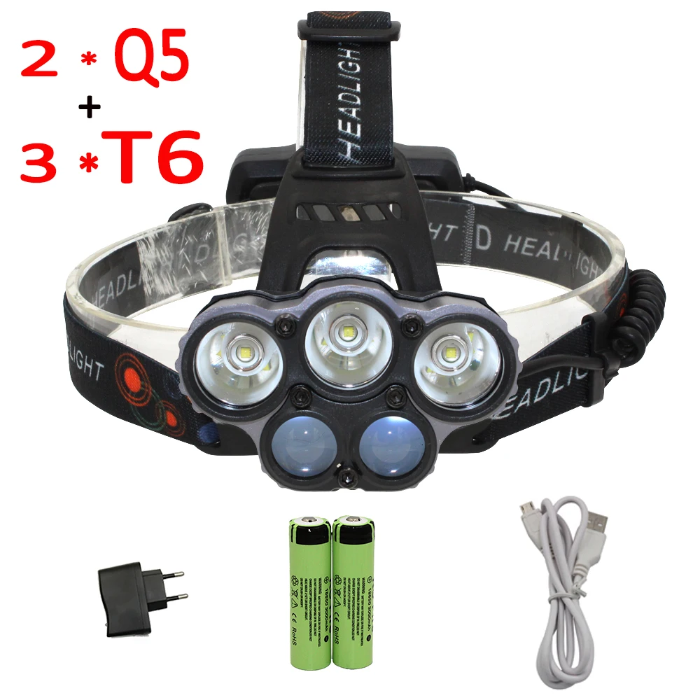 

3800LM 5 LED headlamp 3x XML T6+2x Q5 headlight USB Rechargerable head lamp lantern Flashlilght for emergency camping +18650