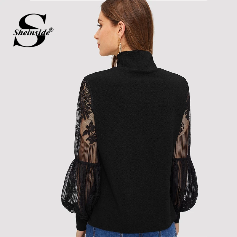 Sheinside Black Turtleneck Sweatshirt Female Long Sleeve Top Contrast Lace Lantern Sleeve Women Pul