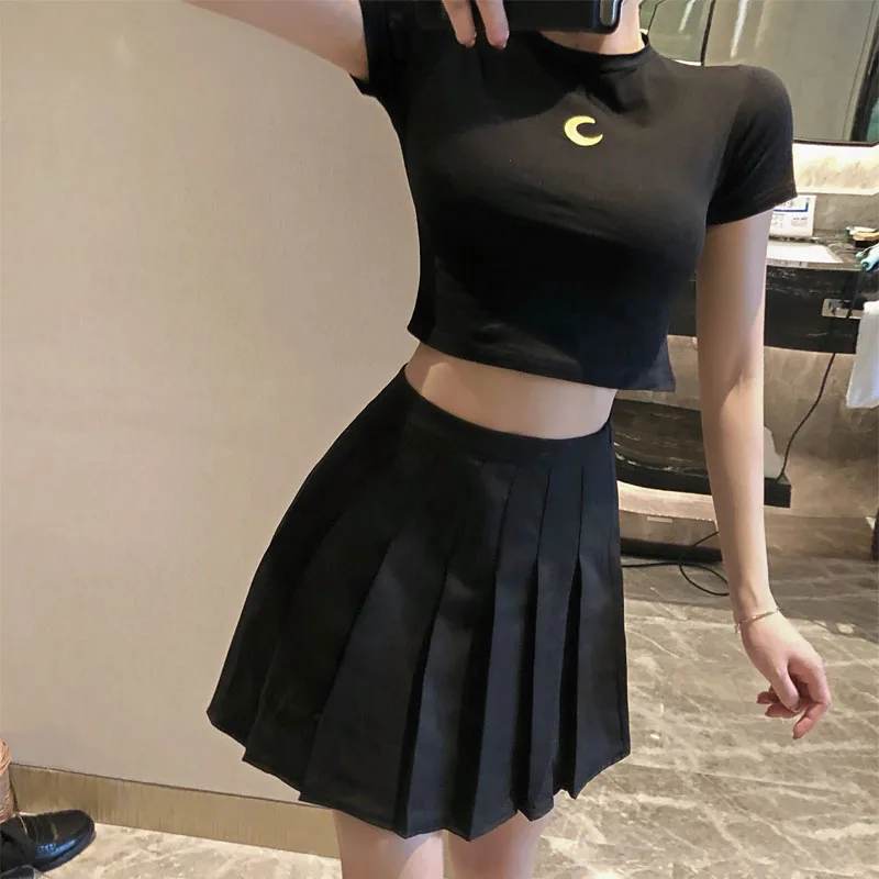 

2 Two Piece Skirt Set Club Outfits for Women Matching Sets Short Sleeve Small Moon Embroidered T-shirt + Sexy Mini Pleated Skirt