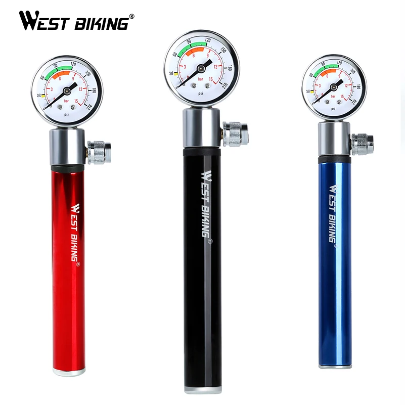 WEST BIKING Black Portable Bike Air Pump Mini Pressure Gauge Presta Schrader Pump for Bicycle Ball Tire Inflator Cycling Pumps