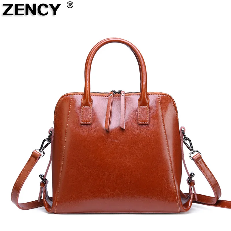 

ZENCY Vintage Genuine Oil Wax Cow Leather Women's Handbag Shoulder/Messenger Cowhide Shopping Handle Bags Satchel