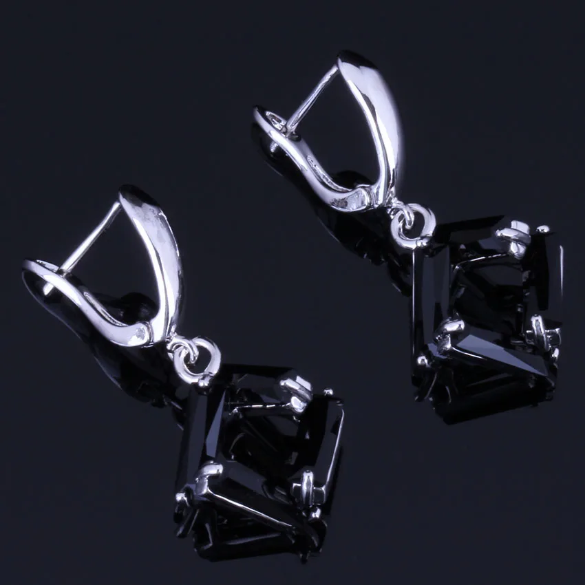 Rare Quadrilateral Black Cubic Zirconia Silver Plated Drop Dangle Earrings V1015 | Украшения и аксессуары