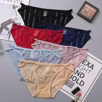 

Women Sexy Lace Seamless Panties Low Waist See Through Striped Underwear Briefs Solid Color Thongs Cotton Panties