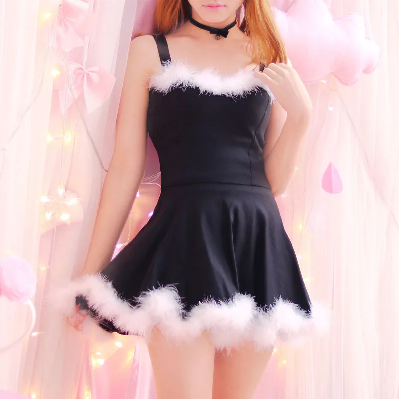 

4 colors Japanese Young Girl Cute Kawaii Dress Basic Solid Straps Lovely Fur Hem Dance Party Dresses Two Piece Set For Women