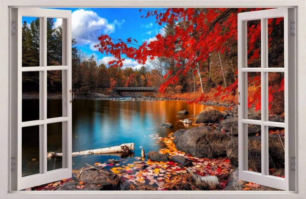 

Free shipping 3D Effect Window WALL STICKERS Autumn Lake Sticker Vinyl Decal Decor Mural Photo Wallpaper Home Decor Gift