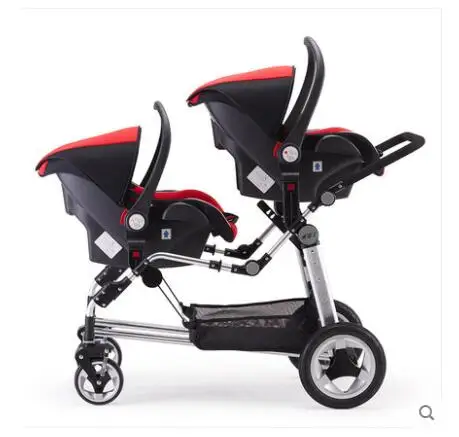 car seat Роскошная прогулочная коляска с высоким пейзажем для детей 0-3 лет, коричневая кожаная коляска для близнецов, два детских автомобиля, цвета, с автокреслом - Цвет: car seat