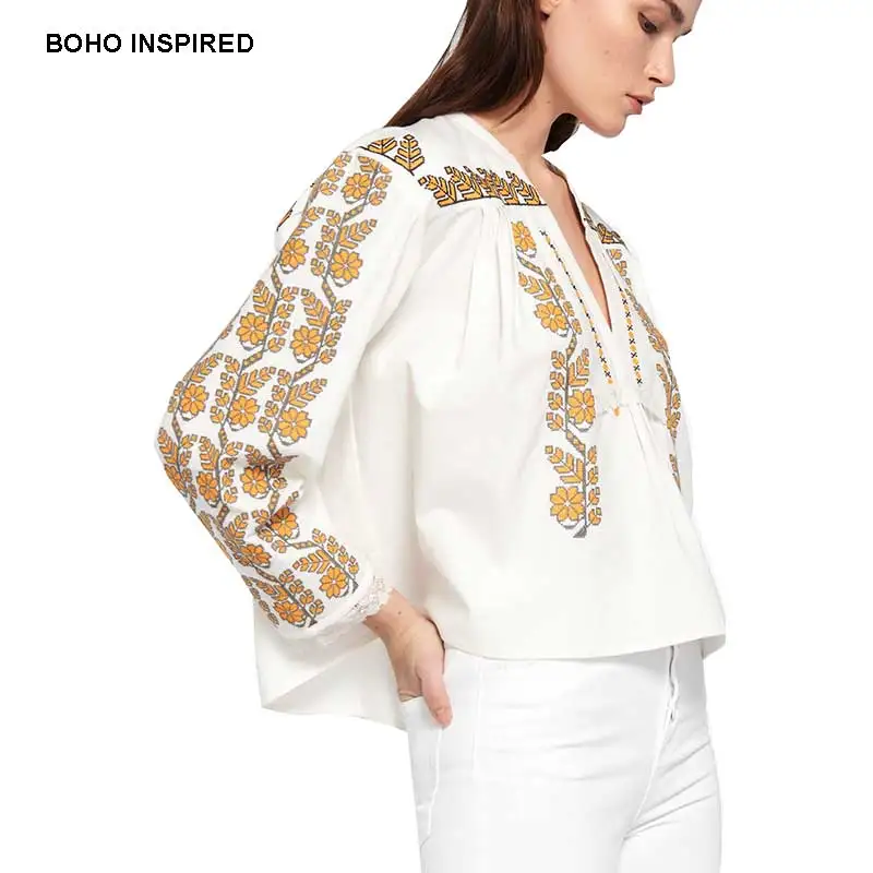BOHO INISPIRED floral EMBROIDERY blouse V neck long