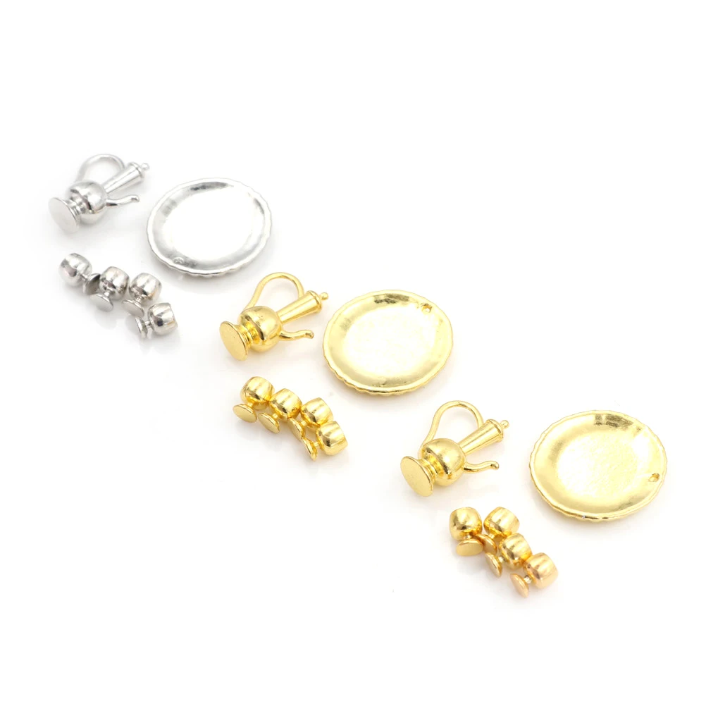 Metal Teapot Set Dollhouse Miniatures 1:12 Accessories DIY Dollhouse Tea Party Doll House Accessories Classic Silver/ Golden