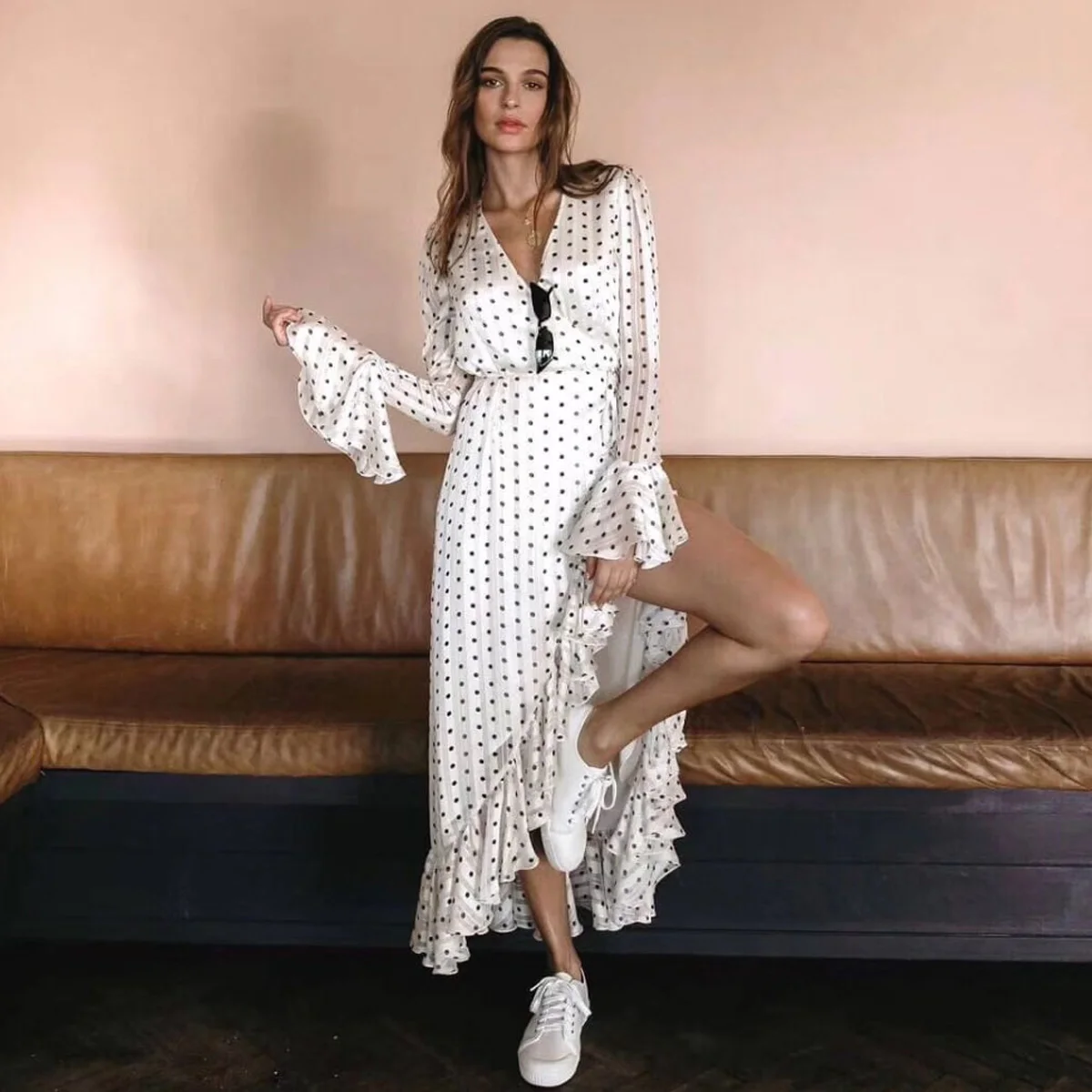 

Jastie 2019 Women Long Sleeves Ruffle Hem Wrap Dress Polka Dot Print Dresses Boho Casual Beach Maxi Dress Irregular Long Dresses