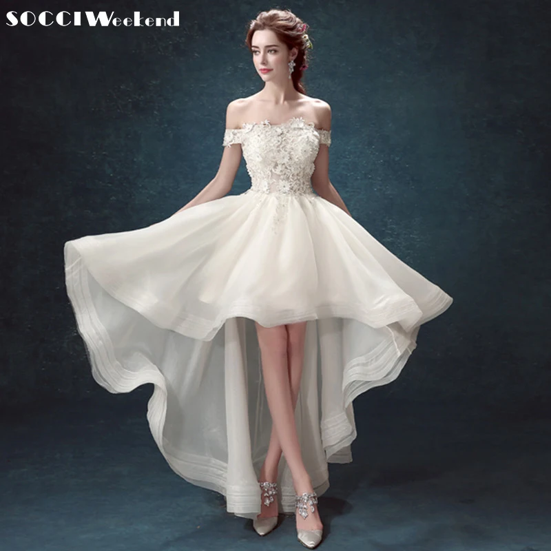 

SOCCI Weekend French Organza Boat Neck High/Low Wedding Dresses Lace Flowers Vestido De Noiva 2019 Vintage Short Bridal Gowns