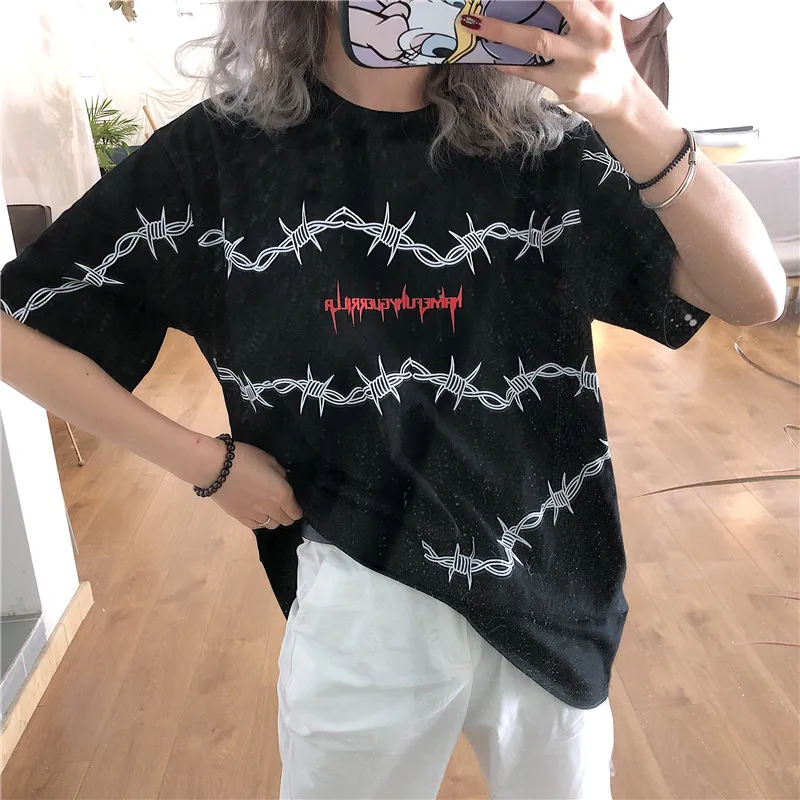 Harajuku футболка Женская Корейская Ulzzang Thorns уличная Свободные унисекс футболки Grunge