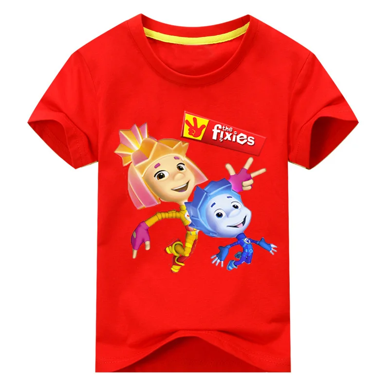 Детская одежда с фиксиками, футболка, костюм для девочек, футболки с героями мультфильмов, топы, одежда летняя футболка для мальчиков, одежда детская повседневная футболка, DX119 - Цвет: Red Shirt