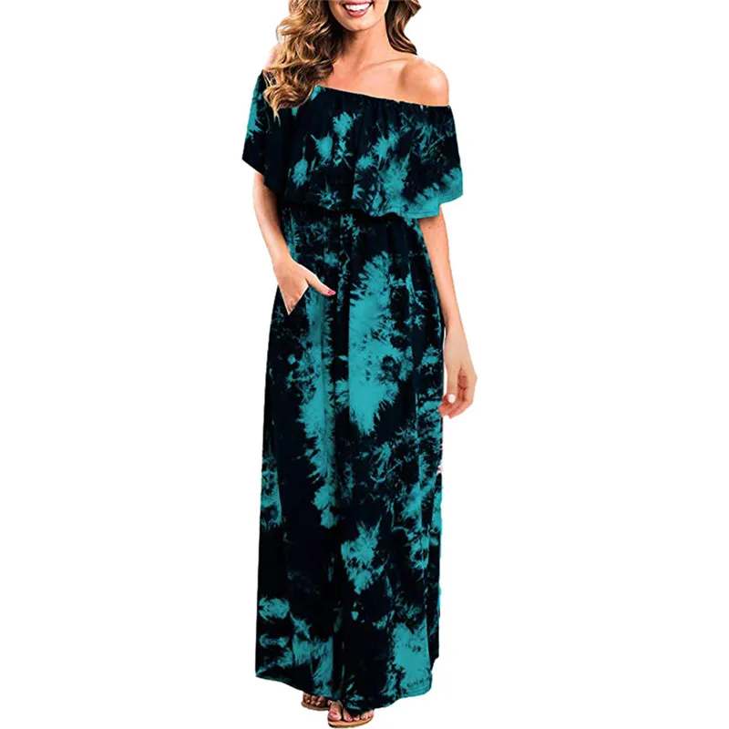 

JAYCOSIN 2019 Women Summer Dress Sxy Cold Off Shoulder Ruffle Party Tie Dye Split Maxi Long Dress Sweet Casual Dress may23#4