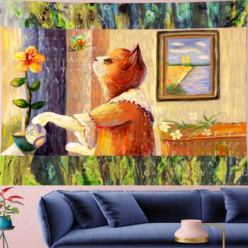 

Cute Lookout kitten cartoon wall hanging Oil painting texture Tapestries kids room Wall carpets Hanging Home Decor GN.PAPAYA