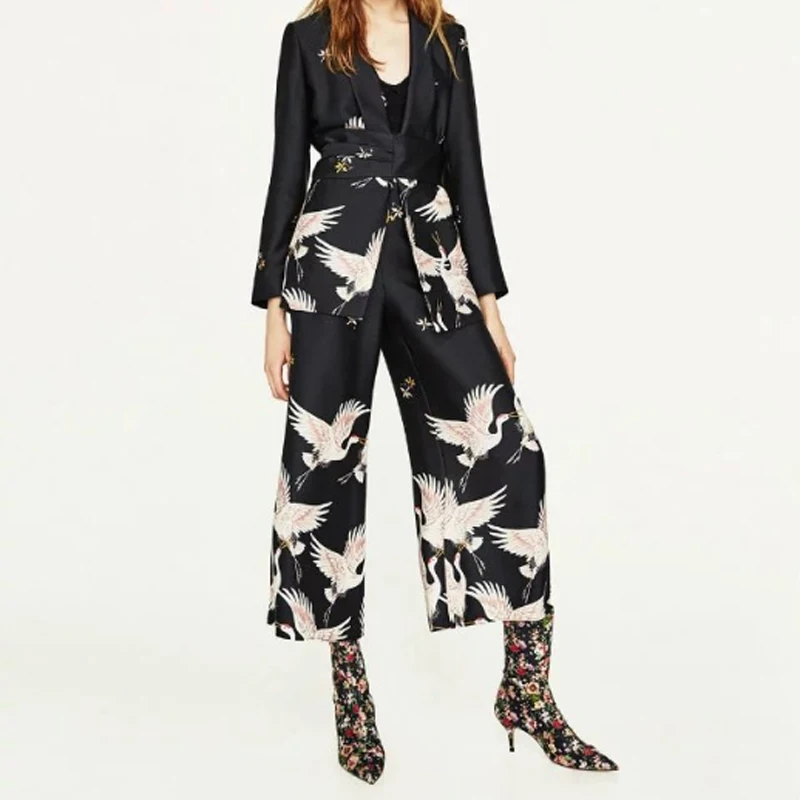 2019 New Women Palazzo Vintage Clothing Sets Crane Printed Blazer Wide Leg Retro Pant Female Bird Printed Outfit Pant Suits