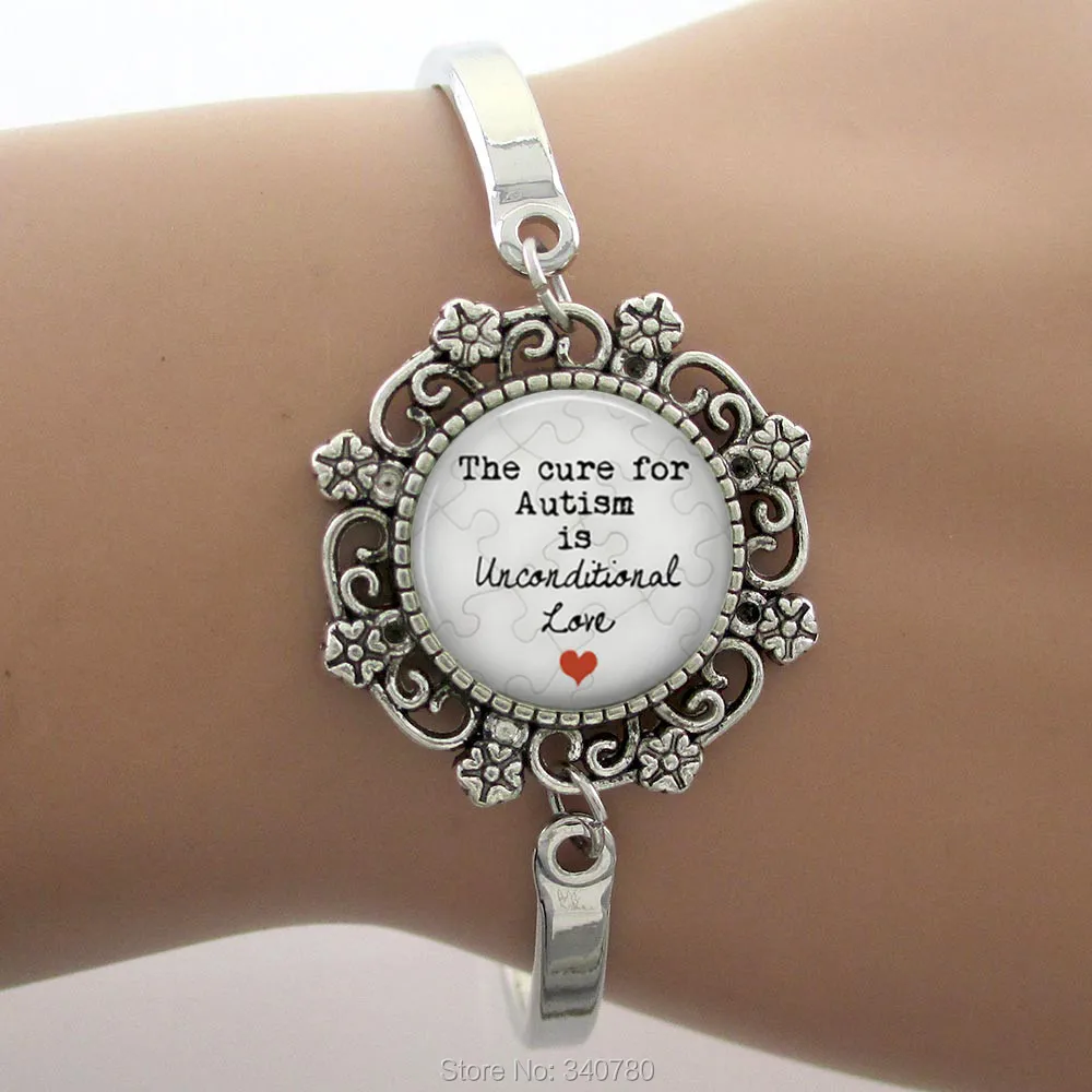 The cure for Autism is unconditional Love Glass Dome Lace Charm Bracelet Phrase,Note Photo Design Silver Bangle High Quality