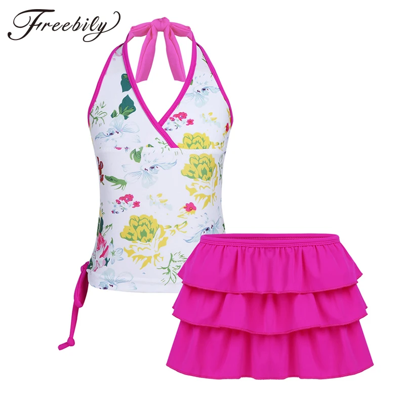 Freebily/купальный костюм для девочек; комплекты из двух предметов; бикини с цветочным принтом; комплект бикини на бретельках для девочек; детский купальник; детский купальный костюм; пляжная одежда