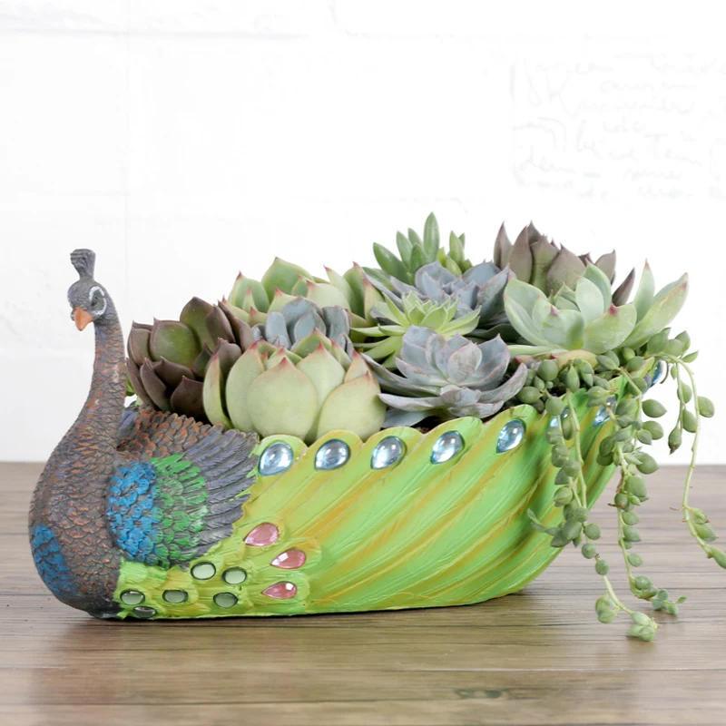 Creative auspicious peacock figurines plants flowerpot succulent plants