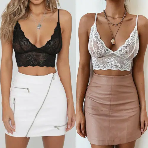 

Sexy Women Crop Tops 2019 Summer Black White Sleeveless Lace Perspective Deep V Neck Tank Tops Vest Erotic Tops Costumes