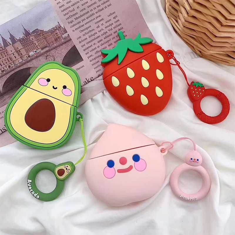 

Case For Apple AirPods 2 Cartoon Strawberry Avocado Peach Soft TPU Earphone Case For Apple Air Pods 1 Cute Cover Case With Hooks