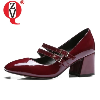 

ZVQ hot sale women pumps spring new fashion patent leather shoes women high hoof heels buckle square toe outside ladies shoes