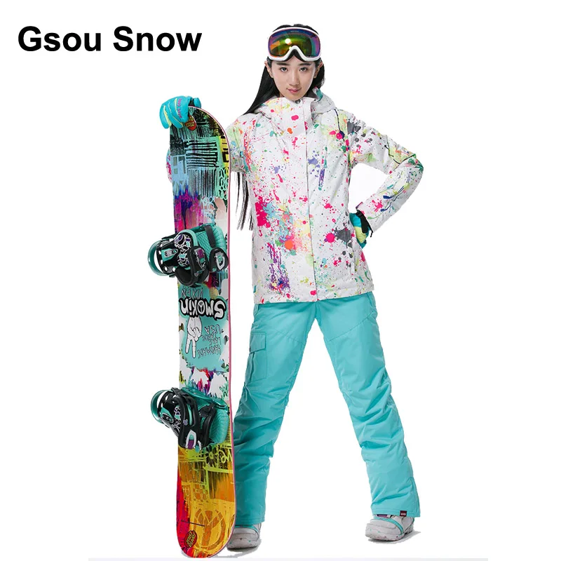 Gsou Snow Thermal Women white colorful Graffiti Ski Suit Waterproof Snowboard Jacket Winter warm suit Sport full suit 1797-072