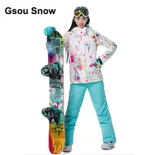Gsou snow mujeres termales blanco colorido graffiti traje de esquí chaqueta de snowboard impermeable de invierno chándal deporte traje completo 1797-072