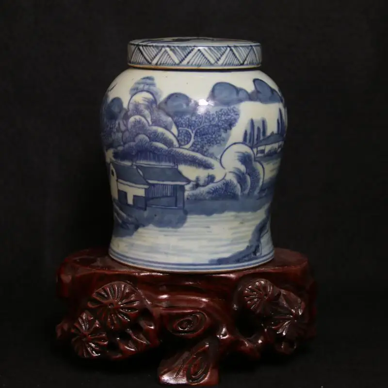 

Antique QingDynasty porcelain jar,Blue & white landscape pot,hand painted crafts,Decoration,collection& adornment,Free shipping