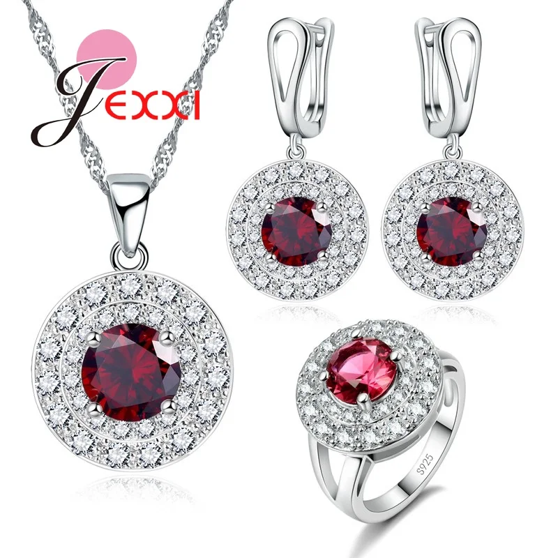 JEXXI Classic Princess Wedding Jewelry Sets Real 925 Sterling Silver AAA Zircon Crystal Round Pendant Necklace