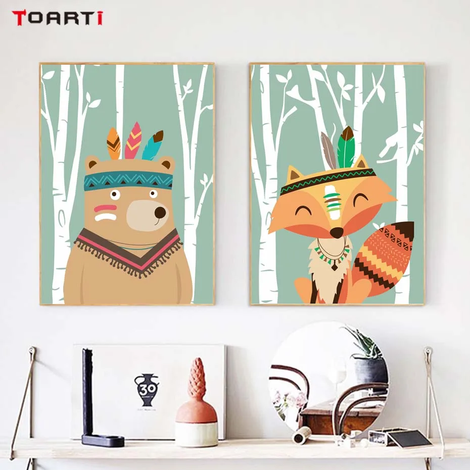 Woodland Fox Cartoon Animals Art Murals Poster&Prints Canvas Painting Kids Bedroom For Christmas Gift Picture Modern Home Decor (5)
