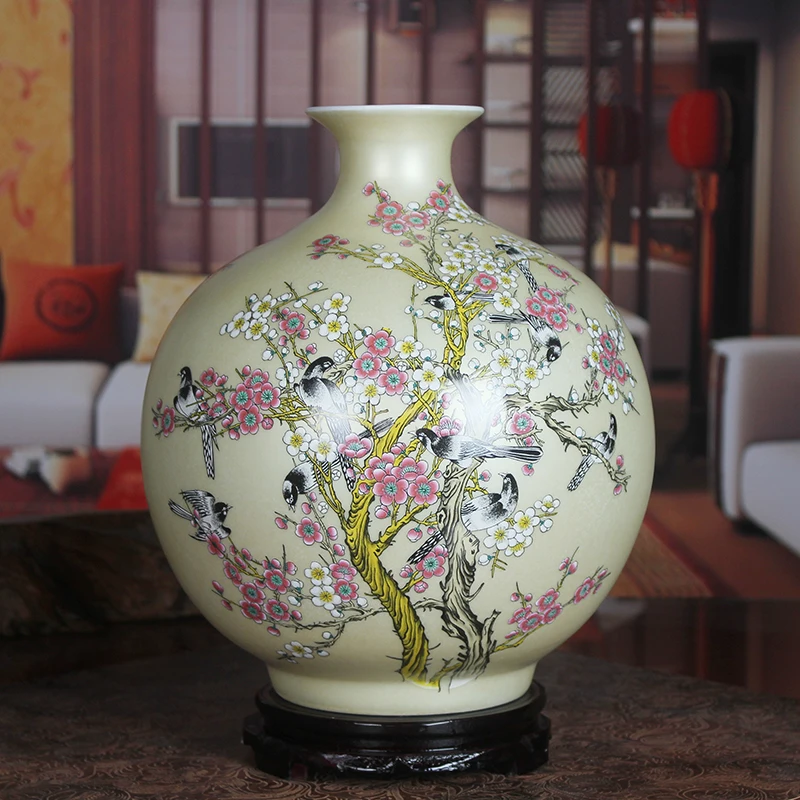 Керамическая ваза Jingdezhen для граната с цветами и птицами желтые Свадебные
