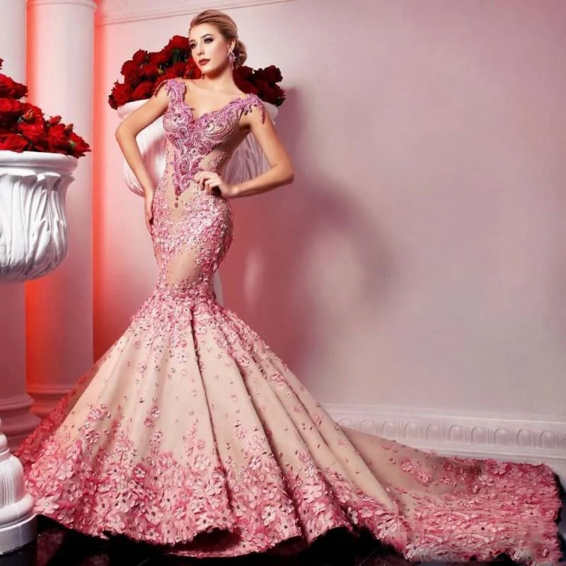 Modest Beaded Mermaid Evening Dresses 2019 V Neck 3D Appliqued Sequined Prom Gowns Backless Sweep Train Plus Size Formal Dress299