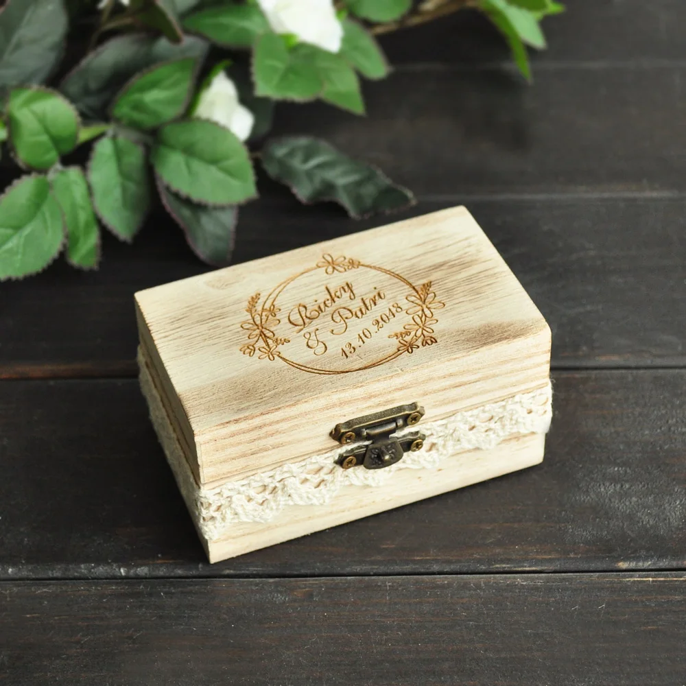

Personalized Double Ring Box With Lace Wedding Engraved Ceremony Box Customized Ring Bearer Box for Wedding