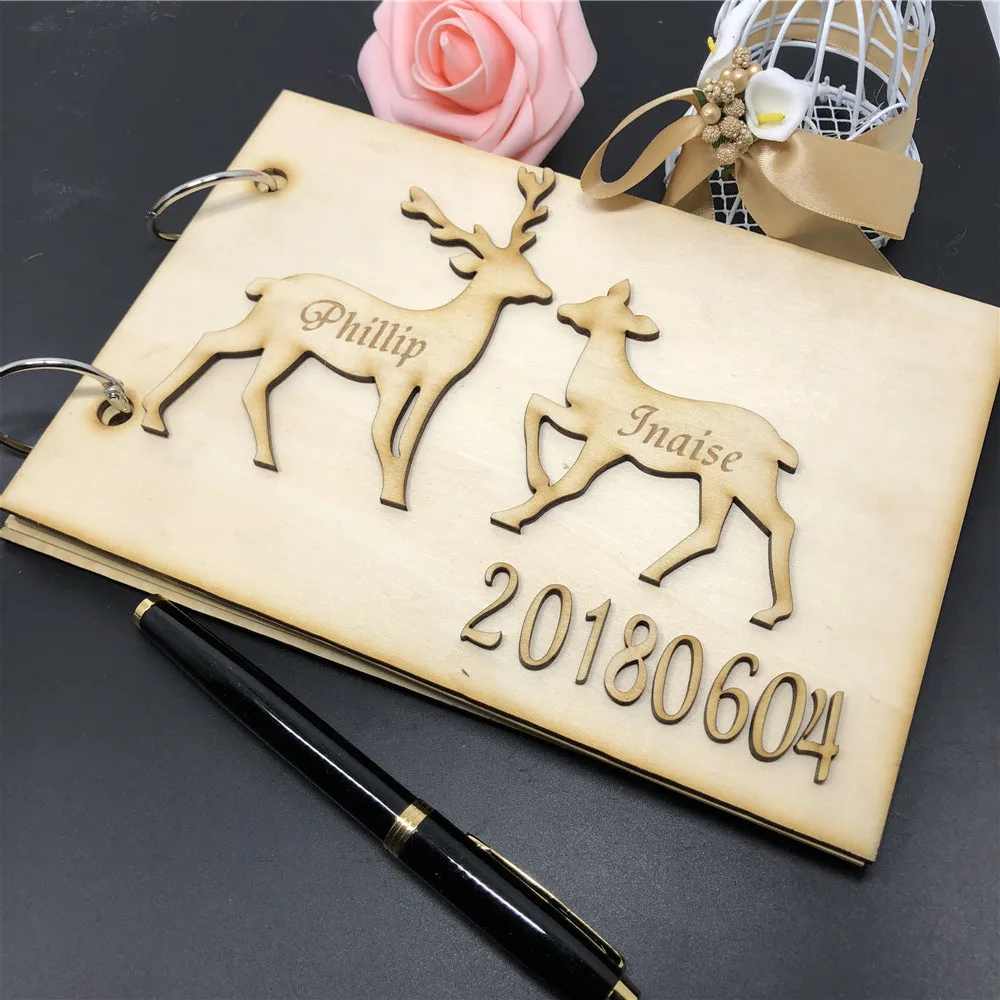 

Personalized Rustic Guestbook,Deer Design Wooden Wedding GuestBook,Bridal and Groom Photo Album Custom Name Wedding Decoration