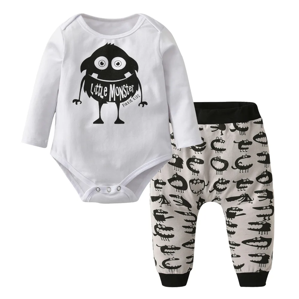 Одежда для новорожденных мальчиков, топы с длинными рукавами и изображением маленького монстра+ штаны, комплект одежды из 2 предметов для малышей, комплект одежды для малышей