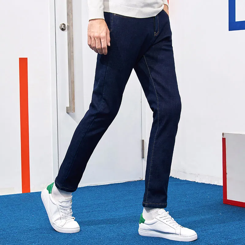 Пионерский лагерь толстые флисовые мужские зимние штаны брендовая одежда толстые однотонные темно-синие теплые джинсы мужские плотные брюки ANZ710003 - Цвет: Синий
