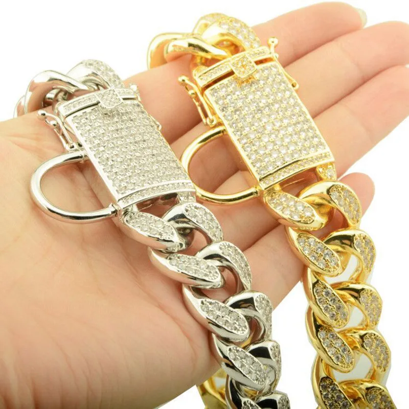

Top Quality Full Cubic Zirconia Stainless Steel Dog Chain Pet Torques Necklace Pitbull Collar Choker Safety Clasp Cuban LinK