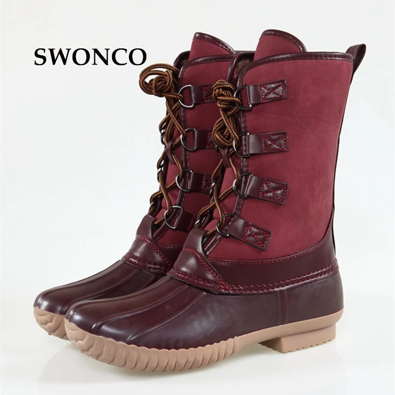 SWONCO Women's Wine Red Duck Boots Waterproof Fashion Rain Boots Warm Outdoor Mid-calf Women Boot Autumn Winter Rubber Sole Shoe