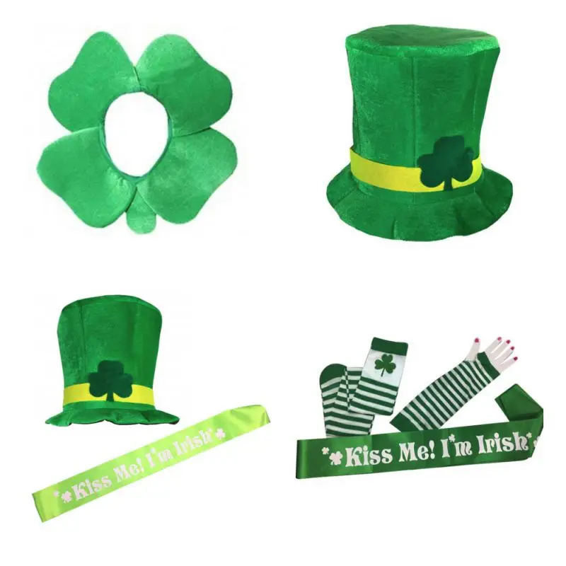 

Irish Shamrock Stovepipe Hat Green Velvet Top Hat St. Patricks Day Party Costume Leprechaun Hat/Sleeve + Socks + Shoulder Straps