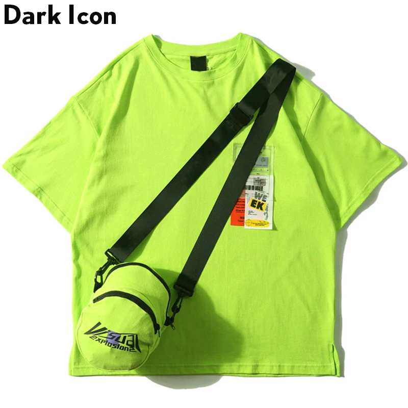 Skup Ciemna ikona boczne rozcięcie fluorescencyjny zielony T shirt z torbą Hiphop Tshirt mężczyźni bawełniane koszulki Streetwear odzież