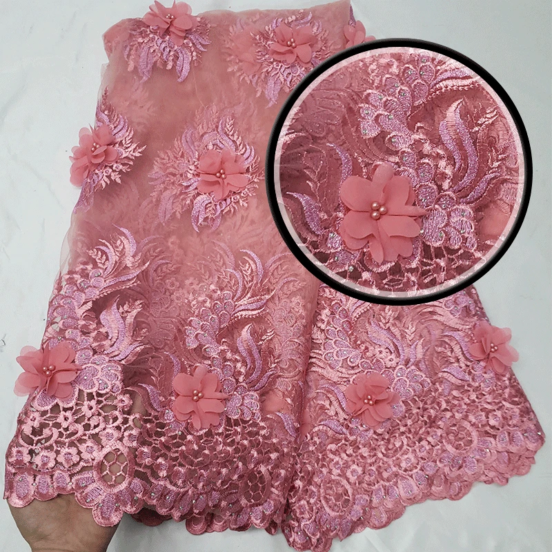 

Factory offer Nigerian Wedding lace fabric2018latest African3DApplique Lace Fabric with Beaded fabric For Dresses VV368 Peach