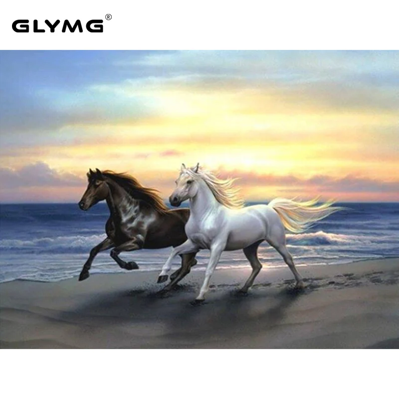 GLymg Needlework Diy Diamond Embroidery Horse Seaside Landscape Diamond Painting Full Drill Square European Home Decor Picture